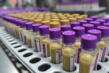 Rows of laboratory vials filled with samples, neatly stored on a metal tray in a clinical setting during laboratory hours