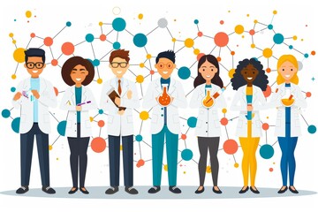 A diverse group of scientists in lab coats holding beakers and flasks with colorful liquids in a modern laboratory setting