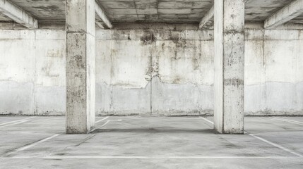 Forgotten columns rise in decay among empty spaces of a vacant car park