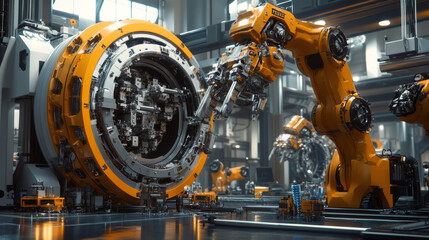 Fototapeta premium A futuristic industrial scene showcases advanced robotic arms working on large circular machine in high tech factory. vibrant orange robots and intricate machinery create dynamic atmosphere of innovat