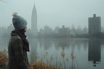 A person gazes at the misty skyline of City while standing by the water in a serene winter setting