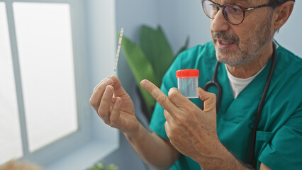 A middle-aged hispanic man in scrubs examines a urine sample and test strip in a clinical setting.