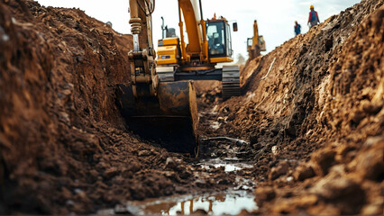 Fototapeta premium A large piece of machinery is digging into the ground next to a long pipe. Concept of hard work and progress, as the construction workers are using the excavator to dig a trench for the pipe