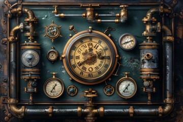 Steampunk-inspired clock with intricate gears and gauges displayed against a textured green background