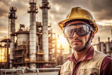 Obraz premium Worker in Protective Standing at Oil Refinery generative ai