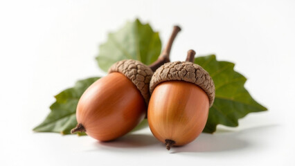 Beautiful large acorns with leaves in close-up on a white background.