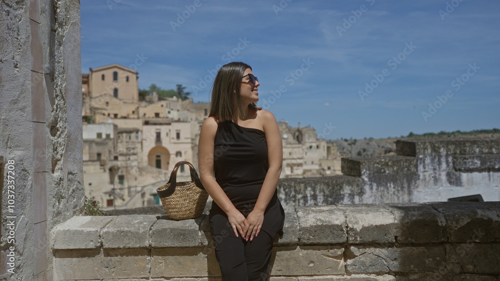 Wall mural Young hispanic woman sitting at a scenic viewpoint in the old town of matera, basilicata, italy, with historic buildings in the background and a bright blue sky overhead.