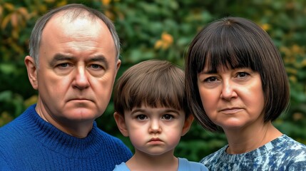 Fototapeta premium Serious family portrait of grandparents and a young boy outdoors