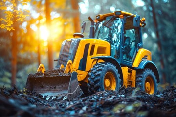 A bright yellow backhoe loader working in a dense forest during golden hour with sunlight filtering through the trees