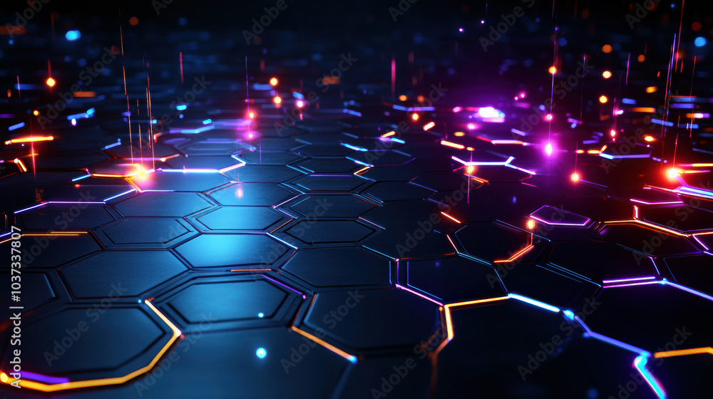 Poster glowing hexagonal grid in 3d with vibrant lights creates dynamic atmosphere