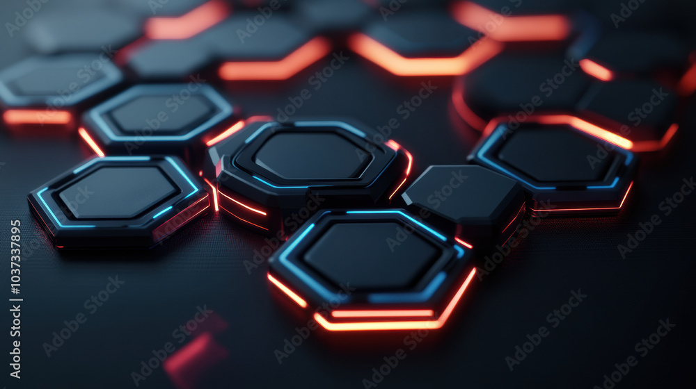 Poster glowing hexagonal grid in 3d with vibrant neon lines creates futuristic atmosphere
