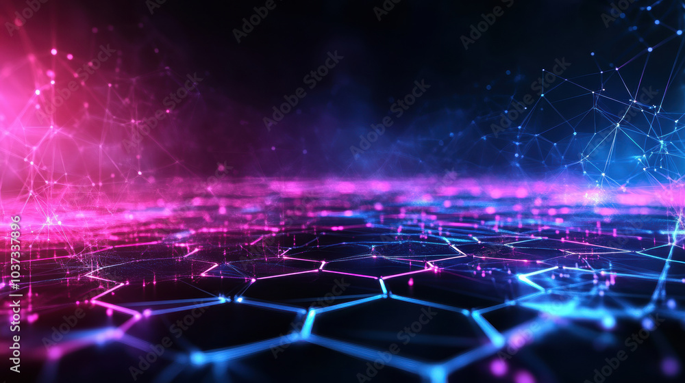 Poster glowing hexagonal grid in 3d with vibrant colors and dynamic lines
