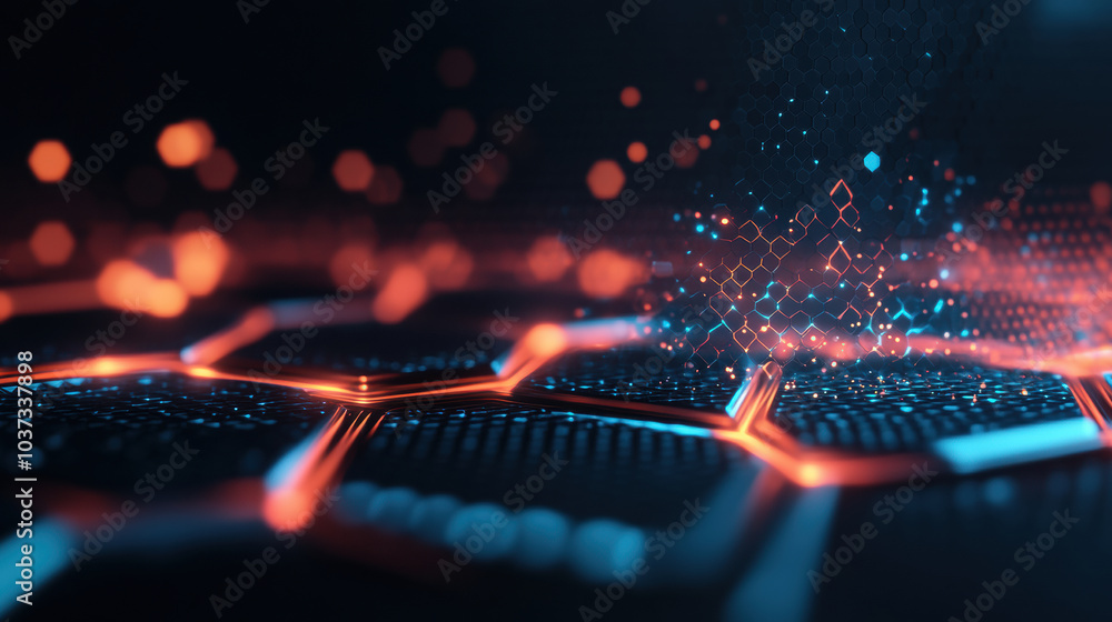 Poster glowing hexagonal grid with vibrant lines and particles creating depth