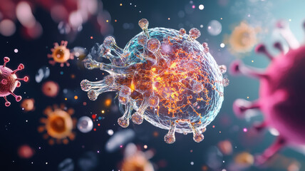 A vibrant depiction of virus, showcasing intricate details and dynamic colors, representing complexity of microscopic life. This image captures essence of viral structures and their interactions