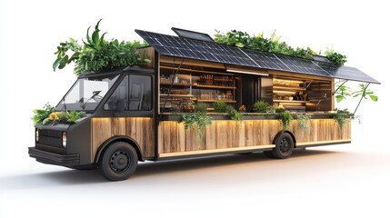 Sustainable food truck with solar panels and eco-friendly materials, isolated on white.