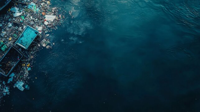 Trash and debris float in the river highlighting the urgent need for environmental action