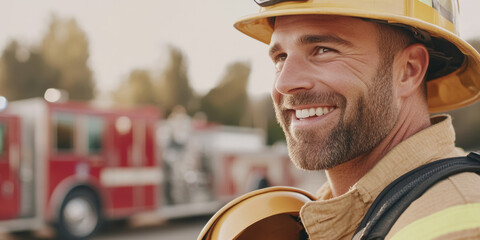 A smiling firefighter in uniform stands confidently, showcasing bravery and dedication. warm sunlight highlights his features, creating sense of pride and camaraderie