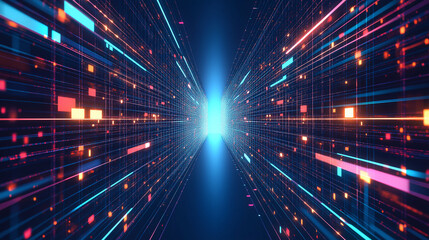 Obraz premium A blue grid with glowing lines on a dark background, a futuristic digital landscape background, Ai