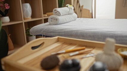 Spa treatment room with a massage table covered in white towels, a wooden tray with spa tools, and a serene interior featuring soft lighting and calming decor elements.