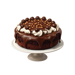 Delicious Chocolate Cake with Whipped Cream and Chocolate Balls on White Cake Stand