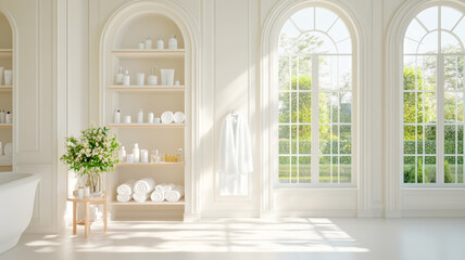Fototapeta premium A bright and airy bathroom featuring elegant shelves filled with various toiletries and neatly rolled towels. Large windows allow natural light to flood space, enhancing serene atmosphere