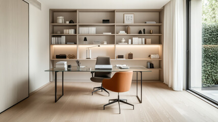 A modern home office featuring sleek glass desk, stylish orange chair, and minimalist shelving....