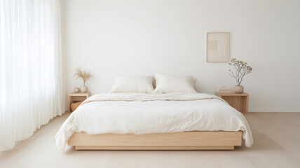 A serene bedroom featuring minimalist design with wooden bed frame, soft white bedding, and natural decor elements. light filled space exudes tranquility and comfort