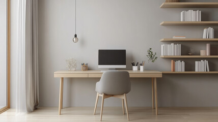 A modern home office featuring minimalist desk with computer, stylish chair, and decorative plants. light color palette creates calm and inviting atmosphere