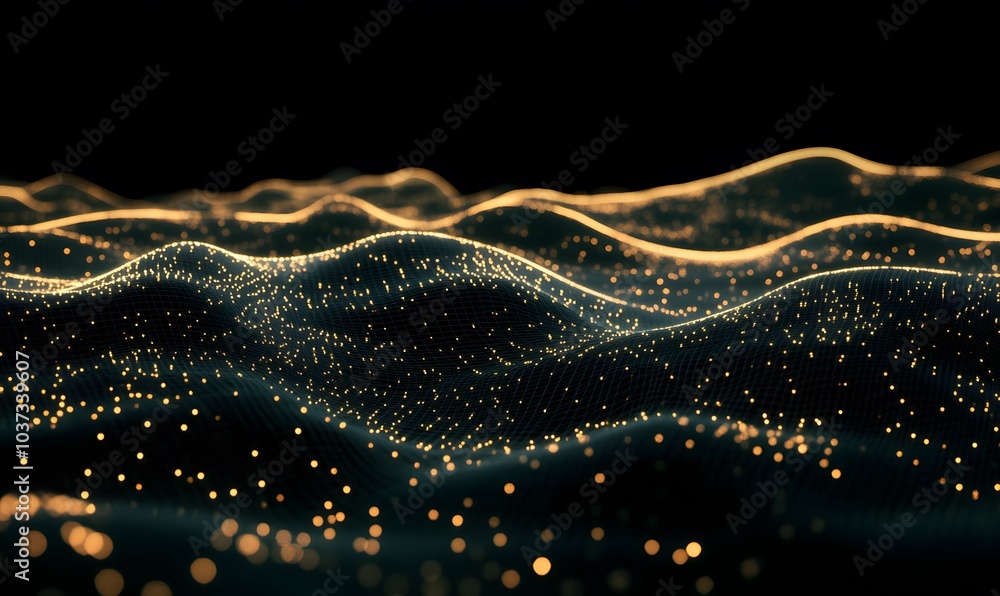 Aufkleber a dark, undulating landscape illuminated by glowing golden particles, evoking a sense of depth and m