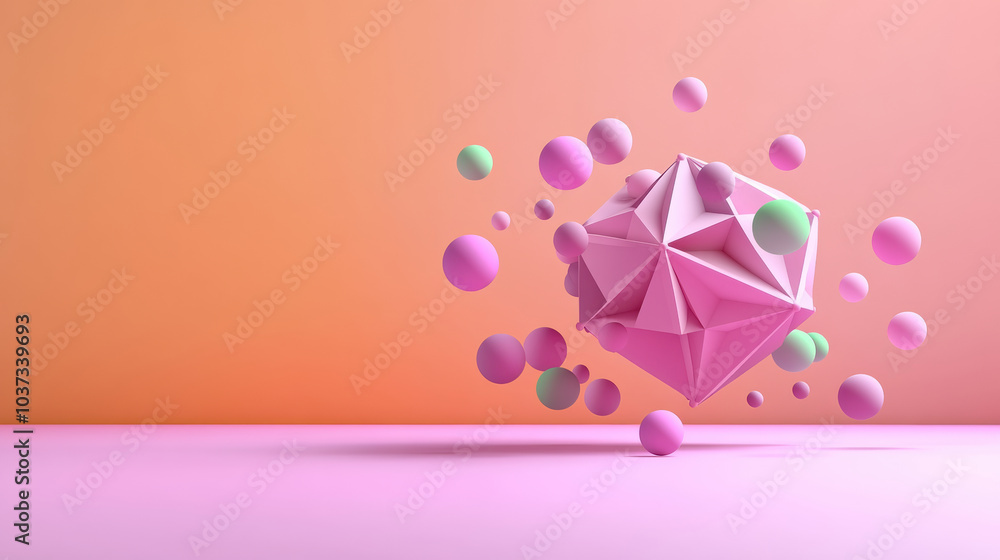 Poster dynamic pastel polyhedron with floating spheres in vibrant setting