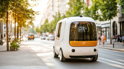A futuristic autonomous vehicle drives down sunlit urban street, showcasing modern design and technology. scene captures essence of innovation in transportation