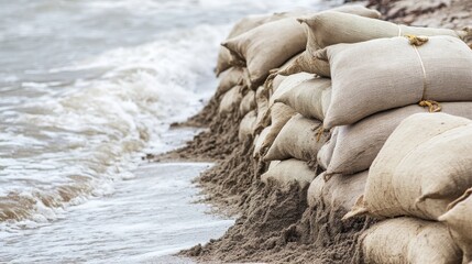 Sandbags are stacked along the waters edge to shield the beach from erosion