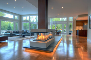 Double-sided contemporary fireplace in a spacious open-concept living room, with elegant metallic finishes.
