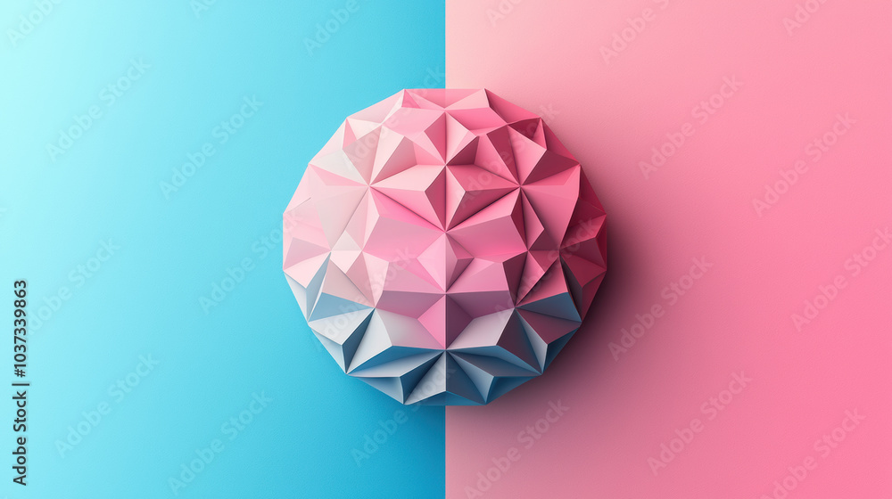 Poster stylish 3d polyhedron with soft pastel gradient on split background
