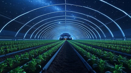 Alien farm under energy dome, synthetic biomes, futuristic tools, starlit sky