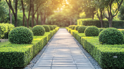 A picturesque landscape with neatly trimmed boxwood shrubs lining a charming walkway.