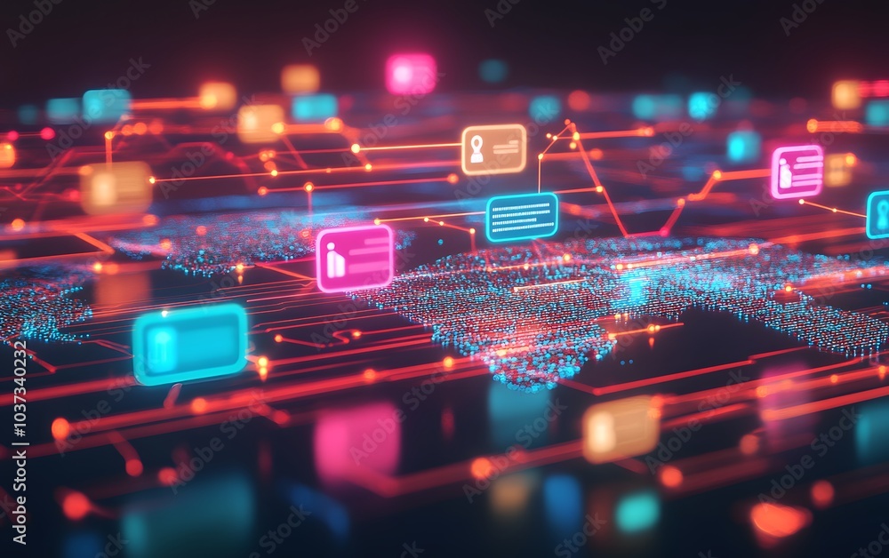 Poster A vibrant digital network visualization with colorful data nodes connected by glowing lines, representing the interconnectedness of information technology.