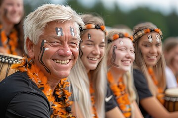 Enthusiastic participants celebrate a cultural event, adorned with face paint and accessories, during an outdoor gathering in summer