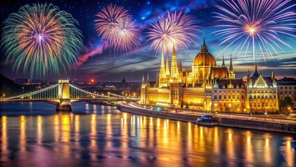 Obraz premium New Year's Eve Fireworks Over Budapest's Danube River - Panoramic View for Celebration and Festivity