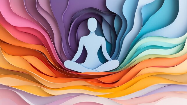 Paper Cut-Style Artwork of a Person in Forward Fold, Layers of Pastel Paper Flowing Around the Figure, Emphasizing Flexibility, Ease, and Fluid Energy in a Peaceful Yoga Setting