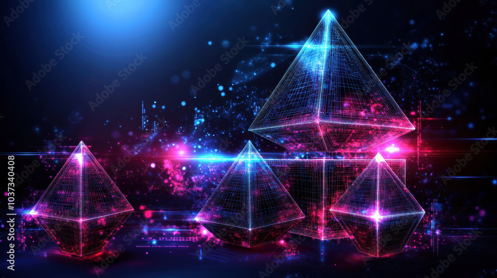 Poster symmetrical 3d cubes and pyramids made from wireframe design create vibrant scene