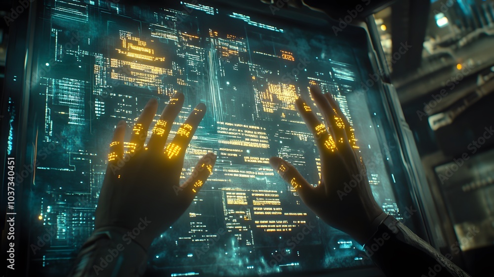 Fototapete a sci-fi scene featuring a person interacting with a glowing digital interface, complete with intric