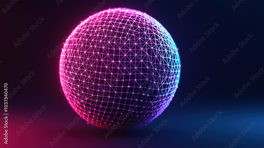 Poster spherical 3d grid with interconnected points and lines, glowing in vibrant colors