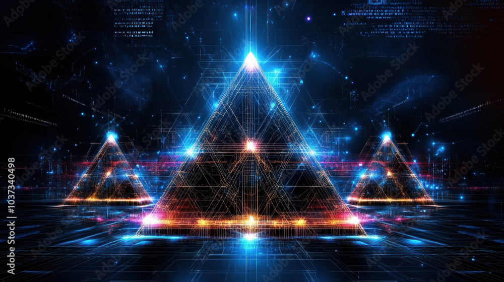 Poster futuristic pyramids with glowing wireframe design and digital elements
