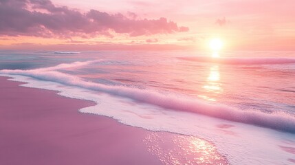 A peaceful beach scene with soft waves lapping at the shore, illuminated by the soft pinks and purples of a sunset sky.