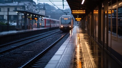 A peaceful moment as a train arrives at an empty station, with no passengers in sight, emphasizing stillness and quiet.