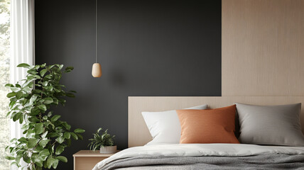 A modern bedroom featuring stylish bed with decorative pillows, wooden headboard, and minimalist design. dark wall contrasts beautifully with light wood, creating serene atmosphere