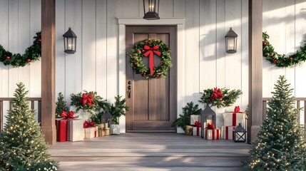 Naklejka premium Christmas Decorated Front Porch with Gifts, Wreaths, and Lanterns