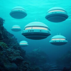 Obraz premium Alien ocean colony, floating habitats, futuristic submarines, strange marine life