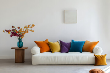 A bright and cozy minimalist living room with colorful pillows enhancing the elegant white sofa and flowers adorning the space